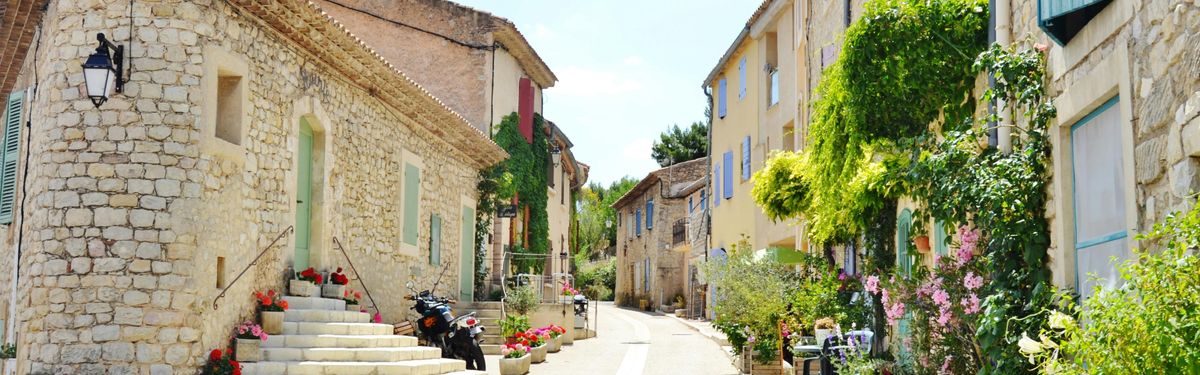 A sunny stone-paved village street in Provence with flowering plants, café chairs, and golden limestone buildings